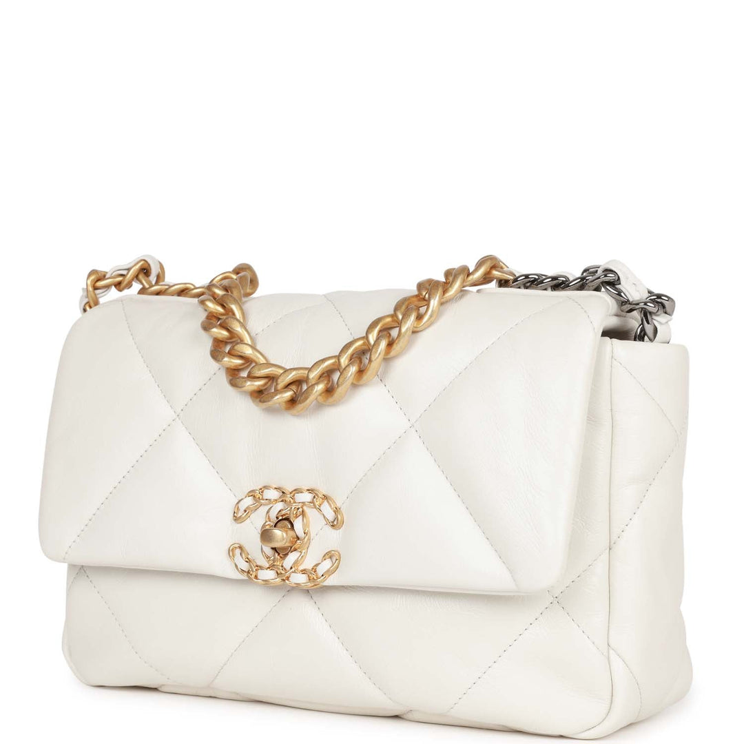 Top Quality Chanel Medium 19 Flap Bag White Calfskin Mixed Hardware