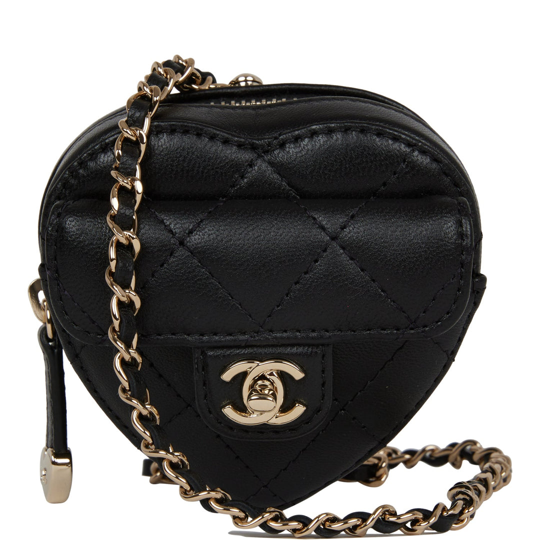 Top Quality Chanel CC In Love Heart Necklace Bag Black Lambskin Light Gold Hardware