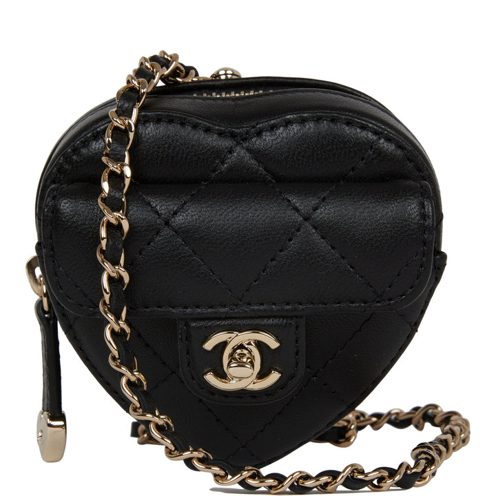 Top Quality Chanel CC In Love Heart Necklace Bag Black Lambskin Light Gold Hardware