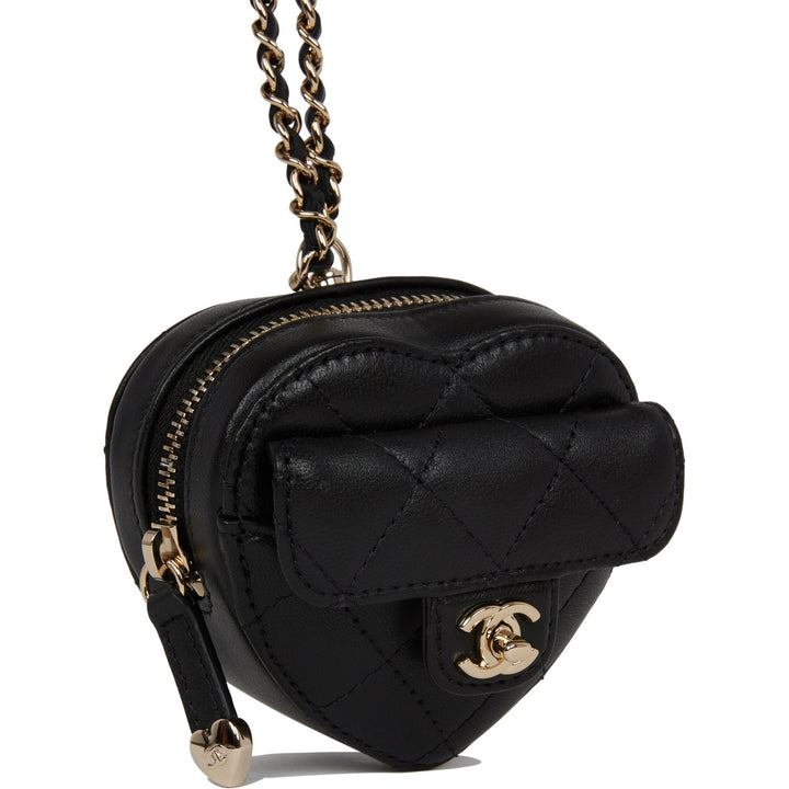 Top Quality Chanel CC In Love Heart Necklace Bag Black Lambskin Light Gold Hardware