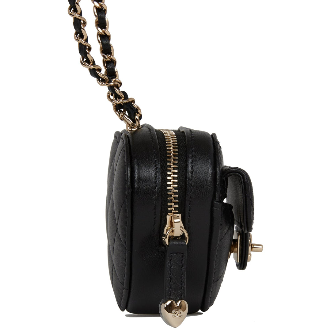 Top Quality Chanel CC In Love Heart Necklace Bag Black Lambskin Light Gold Hardware