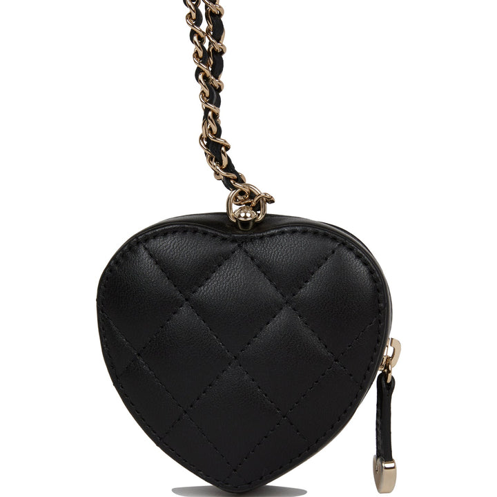 Top Quality Chanel CC In Love Heart Necklace Bag Black Lambskin Light Gold Hardware