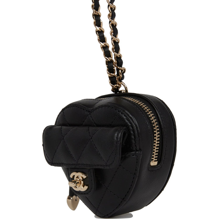 Top Quality Chanel CC In Love Heart Necklace Bag Black Lambskin Light Gold Hardware