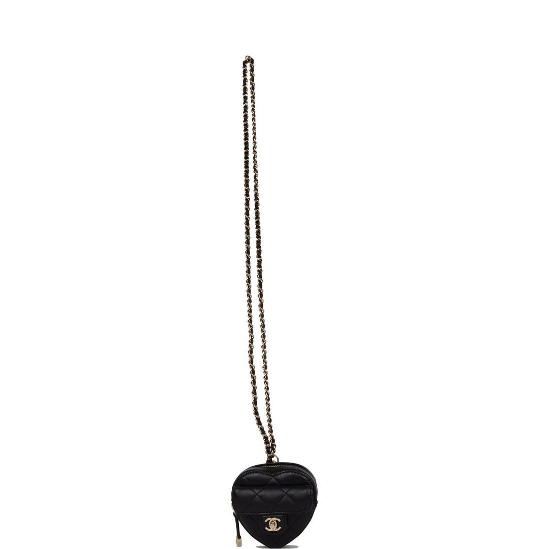 Top Quality Chanel CC In Love Heart Necklace Bag Black Lambskin Light Gold Hardware