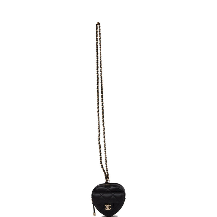 Top Quality Chanel CC In Love Heart Necklace Bag Black Lambskin Light Gold Hardware