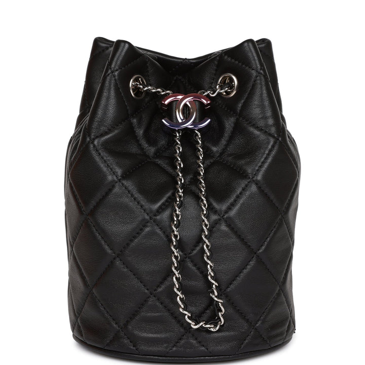 Top Quality Chanel Mini Bucket Bag Black Lambskin Silver Hardware