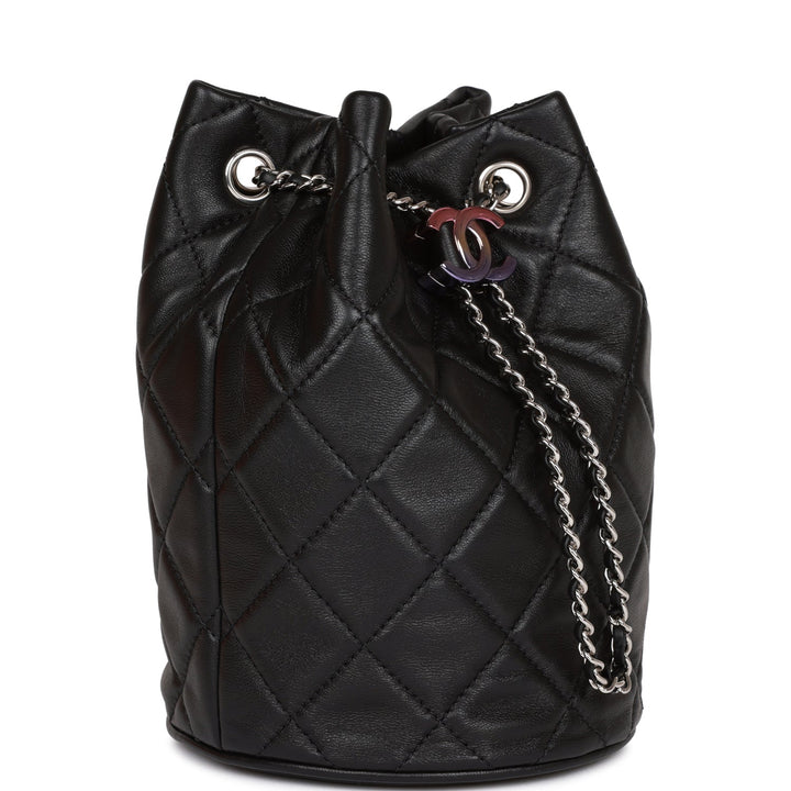 Top Quality Chanel Mini Bucket Bag Black Lambskin Silver Hardware