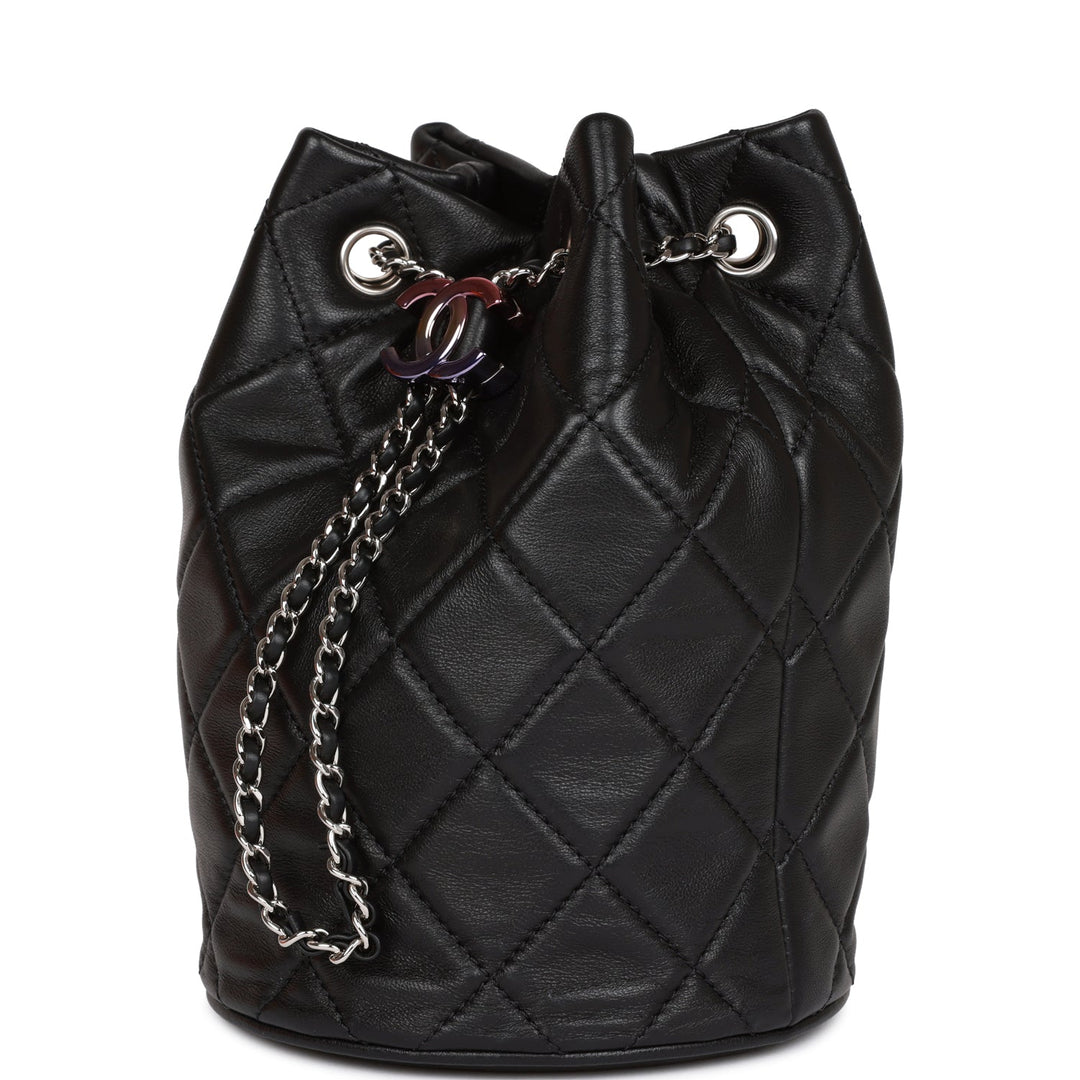 Top Quality Chanel Mini Bucket Bag Black Lambskin Silver Hardware