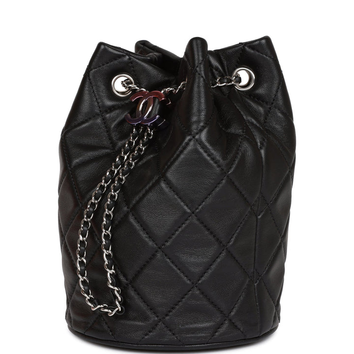 Top Quality Chanel Mini Bucket Bag Black Lambskin Silver Hardware