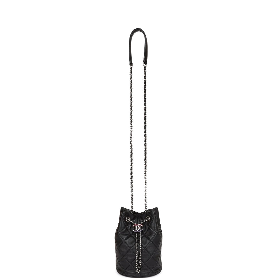 Top Quality Chanel Mini Bucket Bag Black Lambskin Silver Hardware