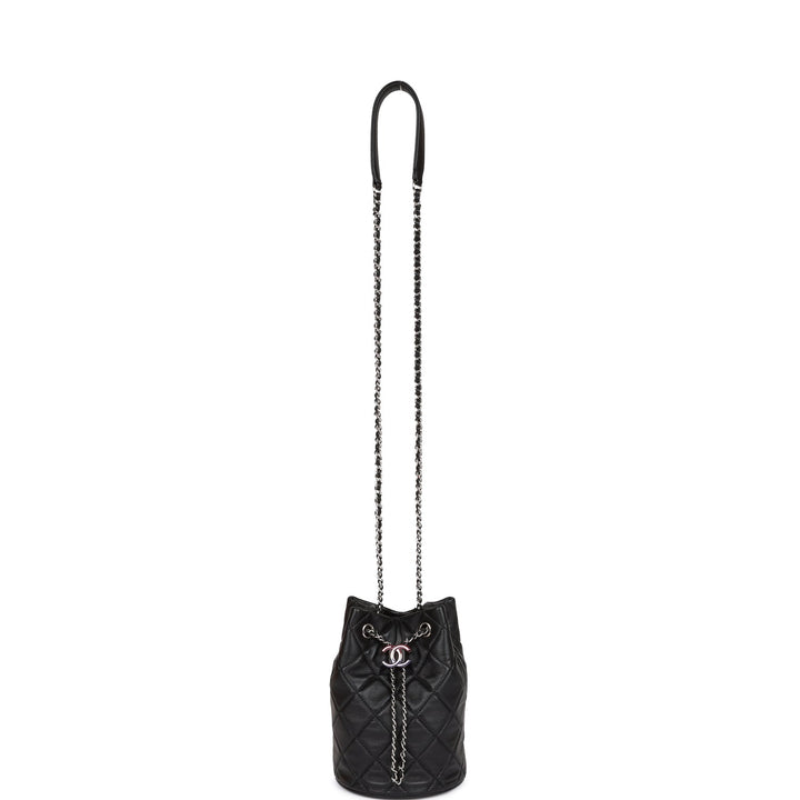 Top Quality Chanel Mini Bucket Bag Black Lambskin Silver Hardware