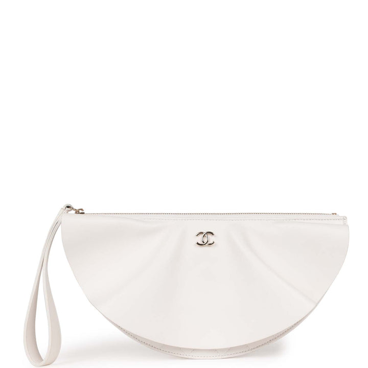 Top Quality Chanel Ruffle Clutch with Wristlet White Lambskin Light Gold Hardware
