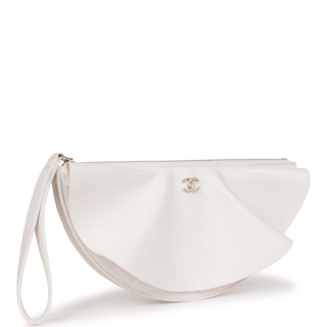 Top Quality Chanel Ruffle Clutch with Wristlet White Lambskin Light Gold Hardware