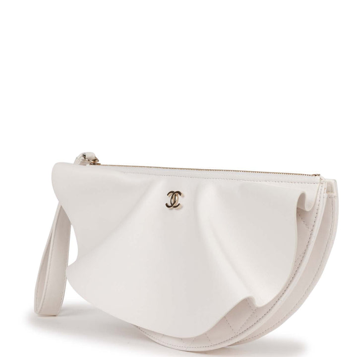 Top Quality Chanel Ruffle Clutch with Wristlet White Lambskin Light Gold Hardware