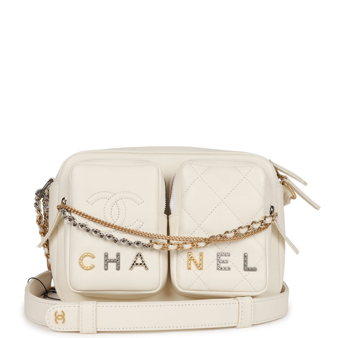 Top Quality Chanel Small Camera Bag White Calfskin Mixed Metal Hardware
