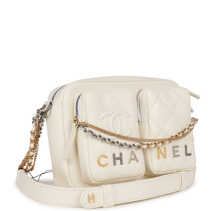 Top Quality Chanel Small Camera Bag White Calfskin Mixed Metal Hardware