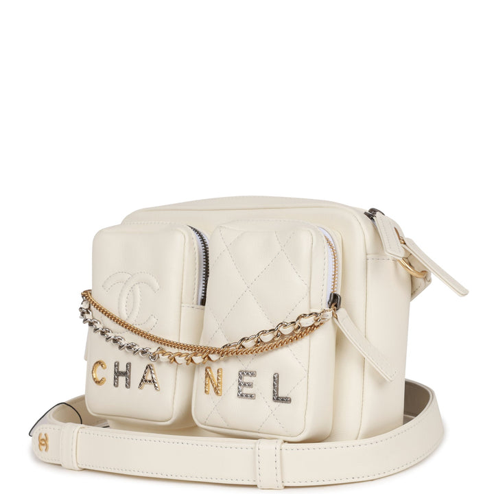 Top Quality Chanel Small Camera Bag White Calfskin Mixed Metal Hardware