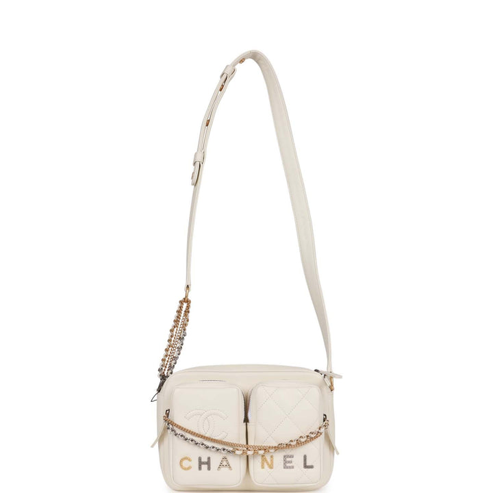 Top Quality Chanel Small Camera Bag White Calfskin Mixed Metal Hardware