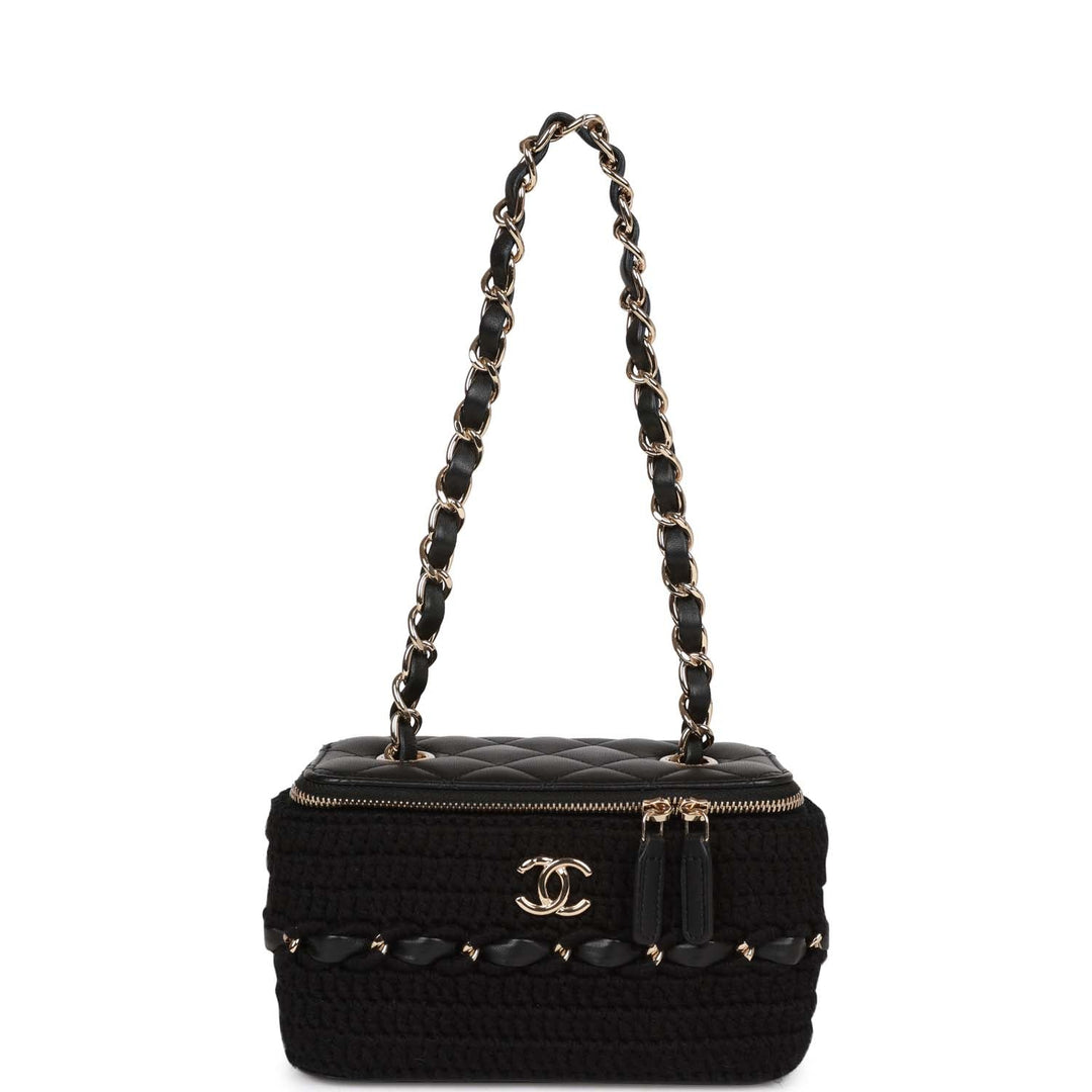 Top Quality Chanel Small Vanity Case Black Crochet and Lambskin Light Gold Hardware