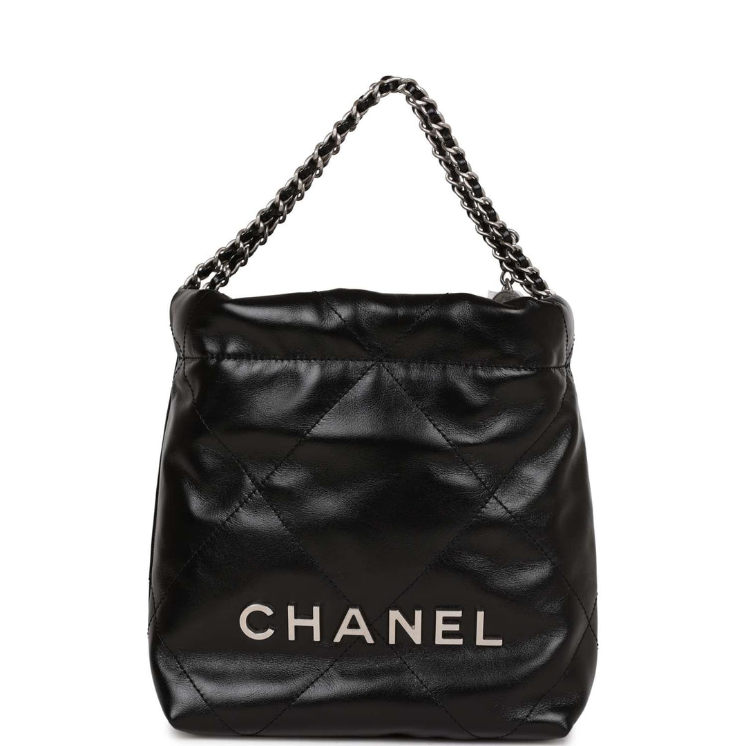 Top Quality Chanel Mini 22 Bag Black Calfskin Silver Hardware