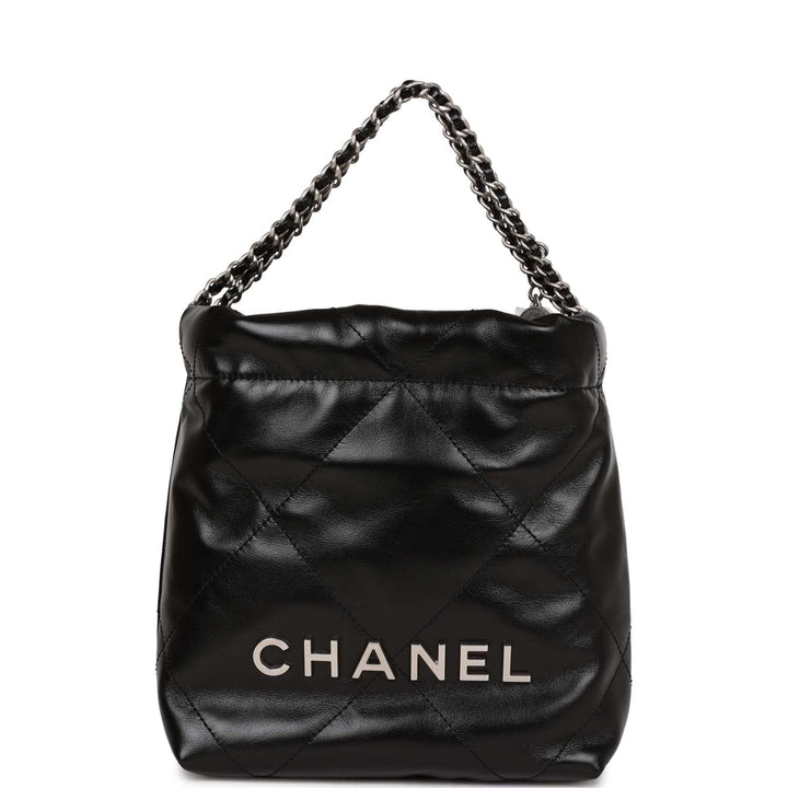 Top Quality Chanel Mini 22 Bag Black Calfskin Silver Hardware