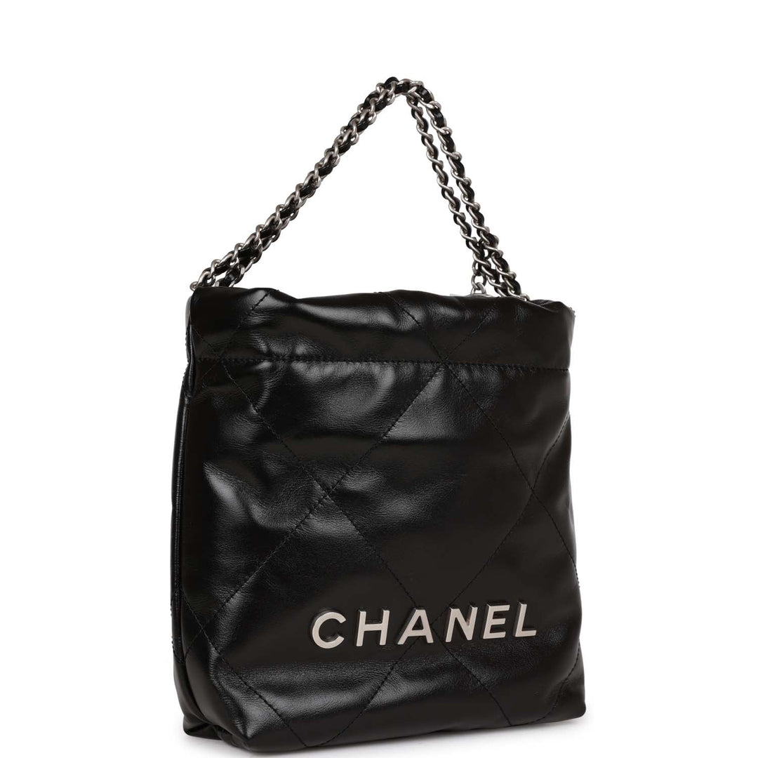 Top Quality Chanel Mini 22 Bag Black Calfskin Silver Hardware