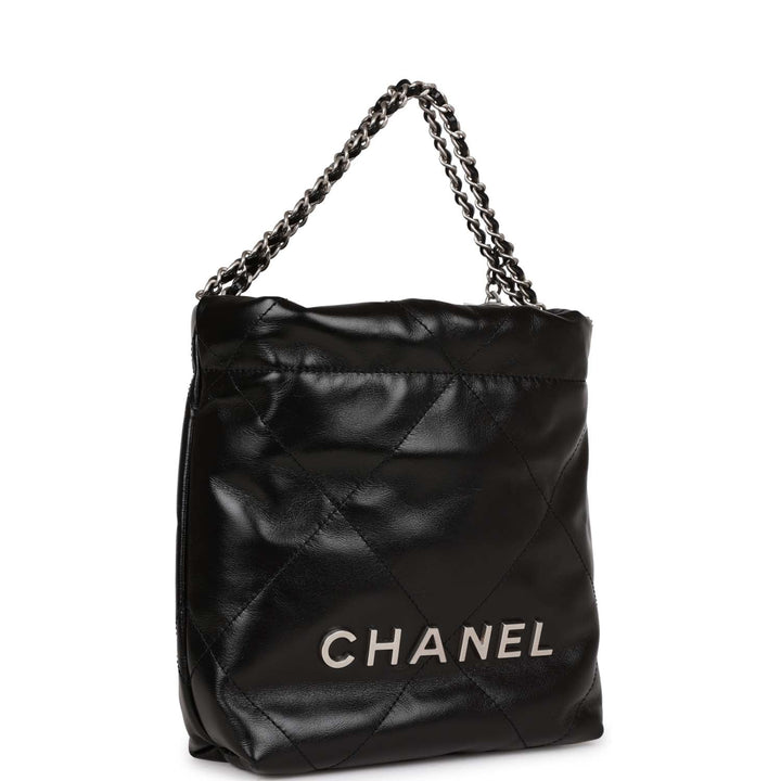 Top Quality Chanel Mini 22 Bag Black Calfskin Silver Hardware