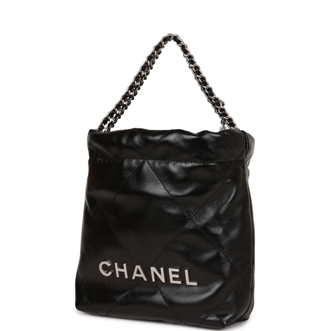 Top Quality Chanel Mini 22 Bag Black Calfskin Silver Hardware