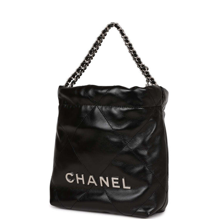 Top Quality Chanel Mini 22 Bag Black Calfskin Silver Hardware