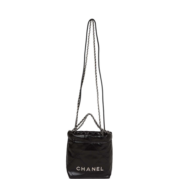 Top Quality Chanel Mini 22 Bag Black Calfskin Silver Hardware