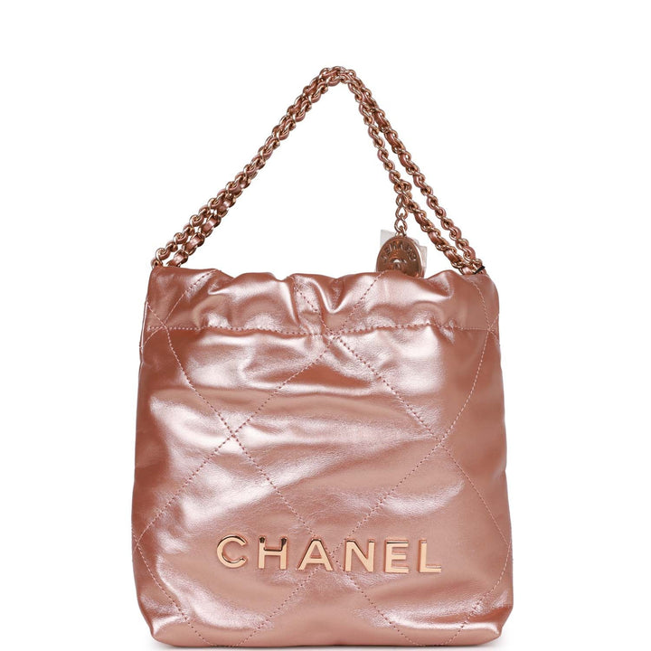 Top Quality Chanel Mini 22 Bag Rose Gold Iridescent Calfskin Rose Gold Hardware