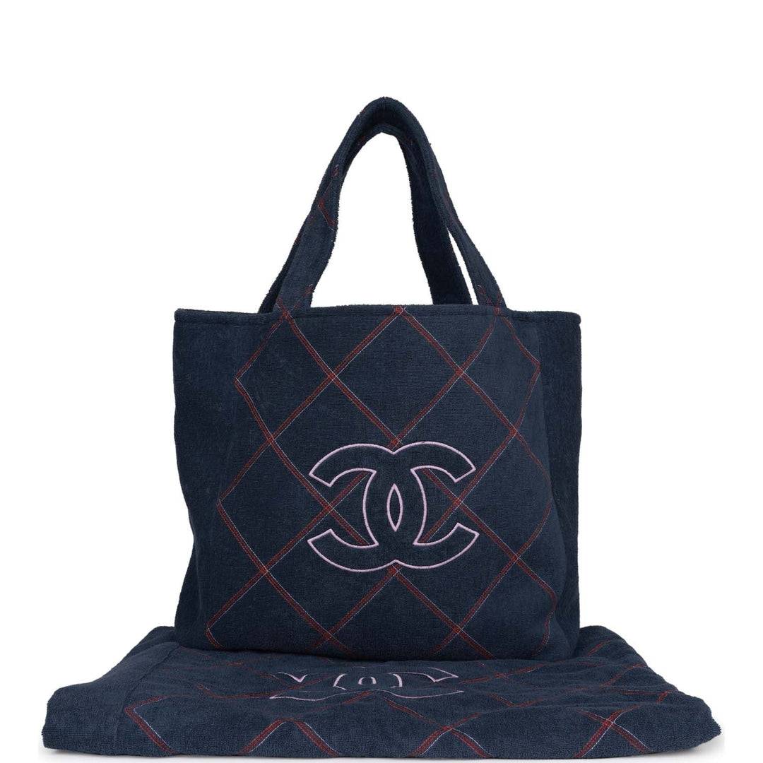 Top Quality Chanel Coco Beach Tote Navy Terry Cloth with Towel/Pouch