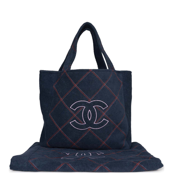 Top Quality Chanel Coco Beach Tote Navy Terry Cloth with Towel/Pouch