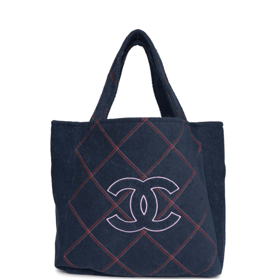 Top Quality Chanel Coco Beach Tote Navy Terry Cloth with Towel/Pouch