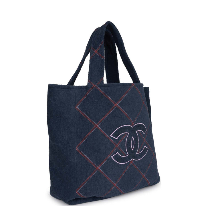 Top Quality Chanel Coco Beach Tote Navy Terry Cloth with Towel/Pouch