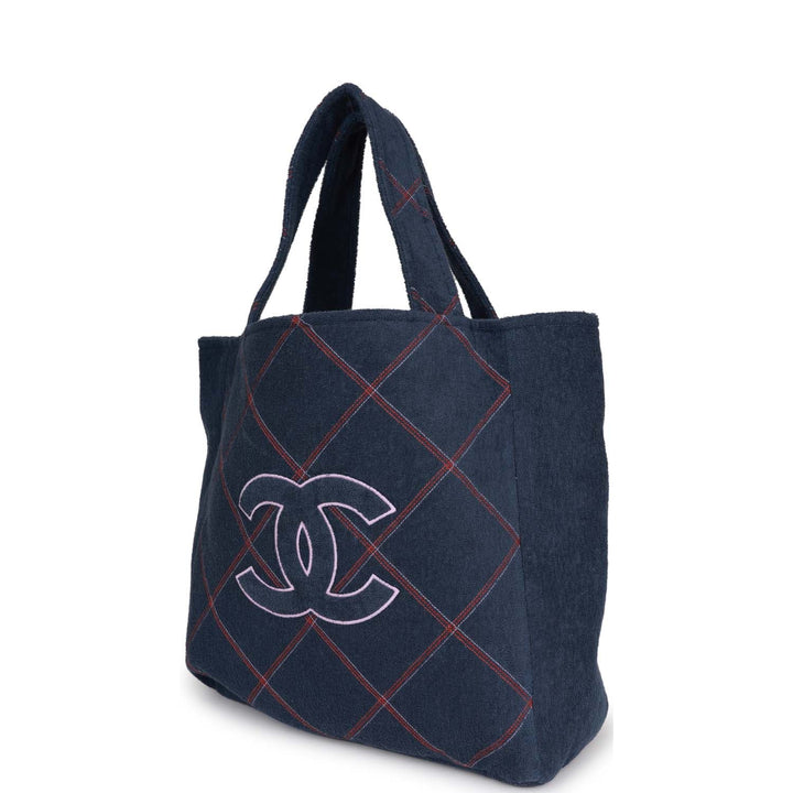 Top Quality Chanel Coco Beach Tote Navy Terry Cloth with Towel/Pouch