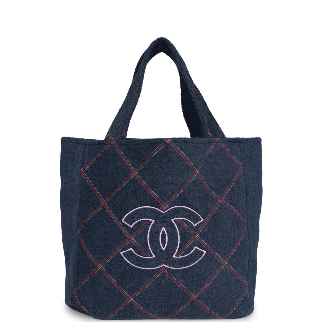 Top Quality Chanel Coco Beach Tote Navy Terry Cloth with Towel/Pouch