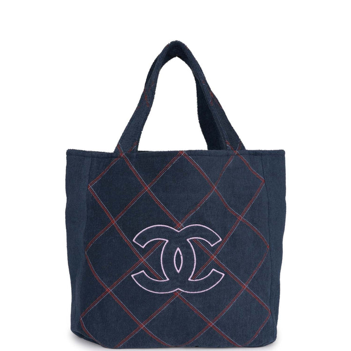Top Quality Chanel Coco Beach Tote Navy Terry Cloth with Towel/Pouch
