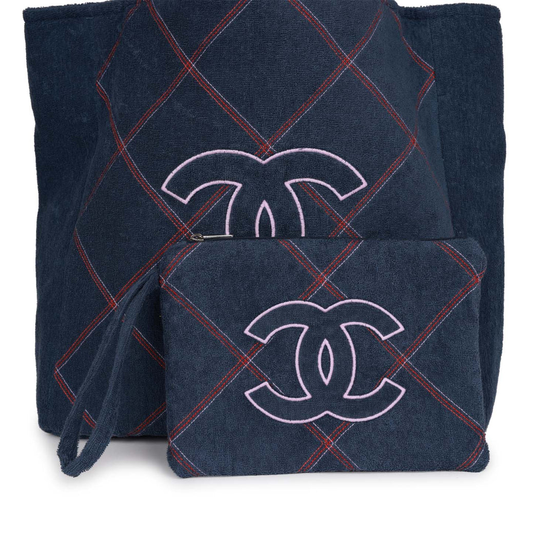 Top Quality Chanel Coco Beach Tote Navy Terry Cloth with Towel/Pouch
