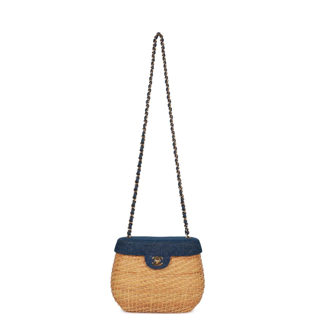 Vintage Top Quality Chanel Basket Bag Denim and Rattan Wicker Gold Hardware