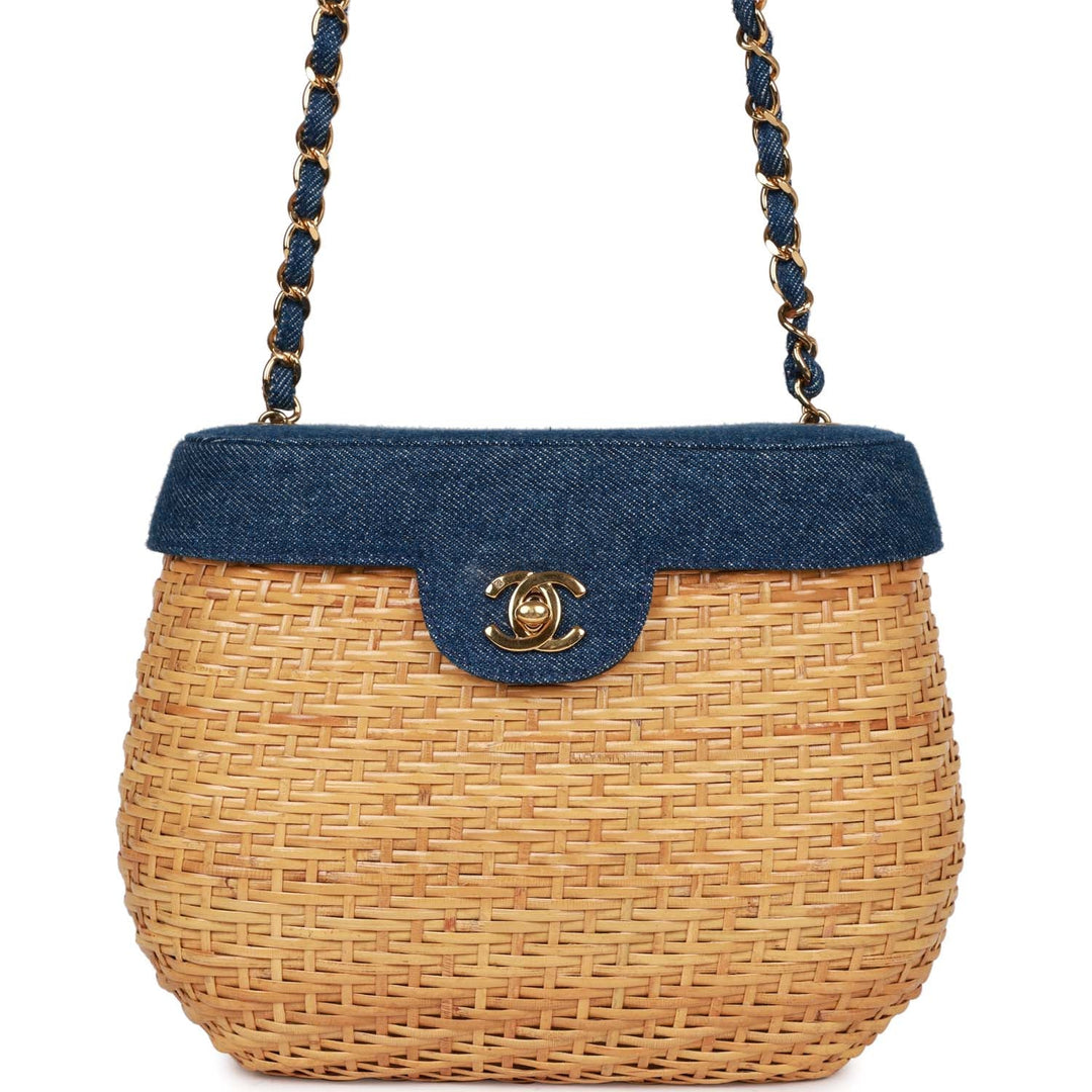 Vintage Top Quality Chanel Basket Bag Denim and Rattan Wicker Gold Hardware