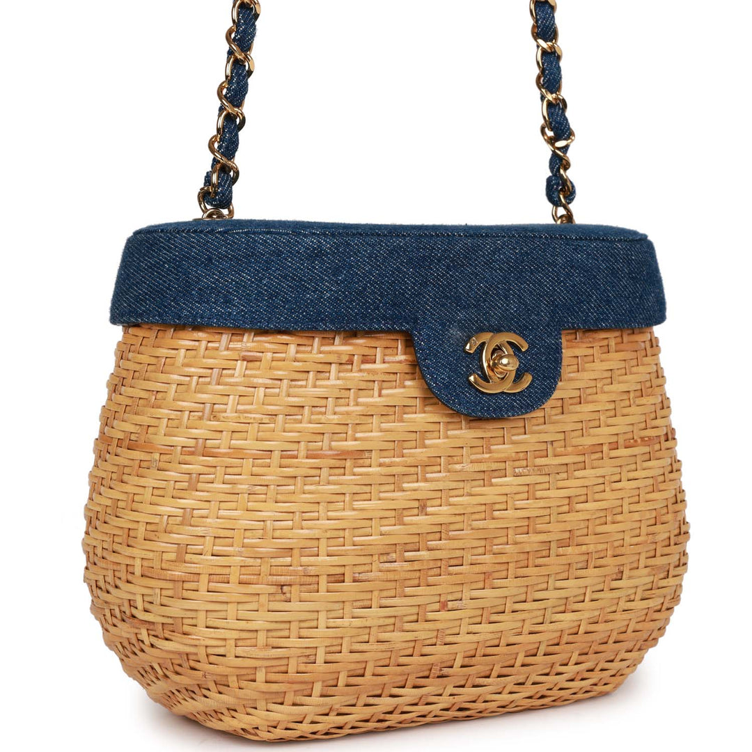 Vintage Top Quality Chanel Basket Bag Denim and Rattan Wicker Gold Hardware