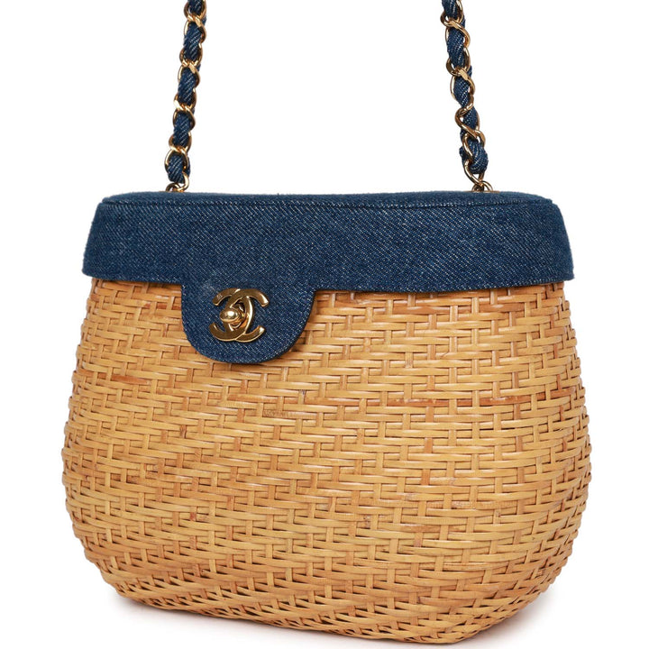 Vintage Top Quality Chanel Basket Bag Denim and Rattan Wicker Gold Hardware