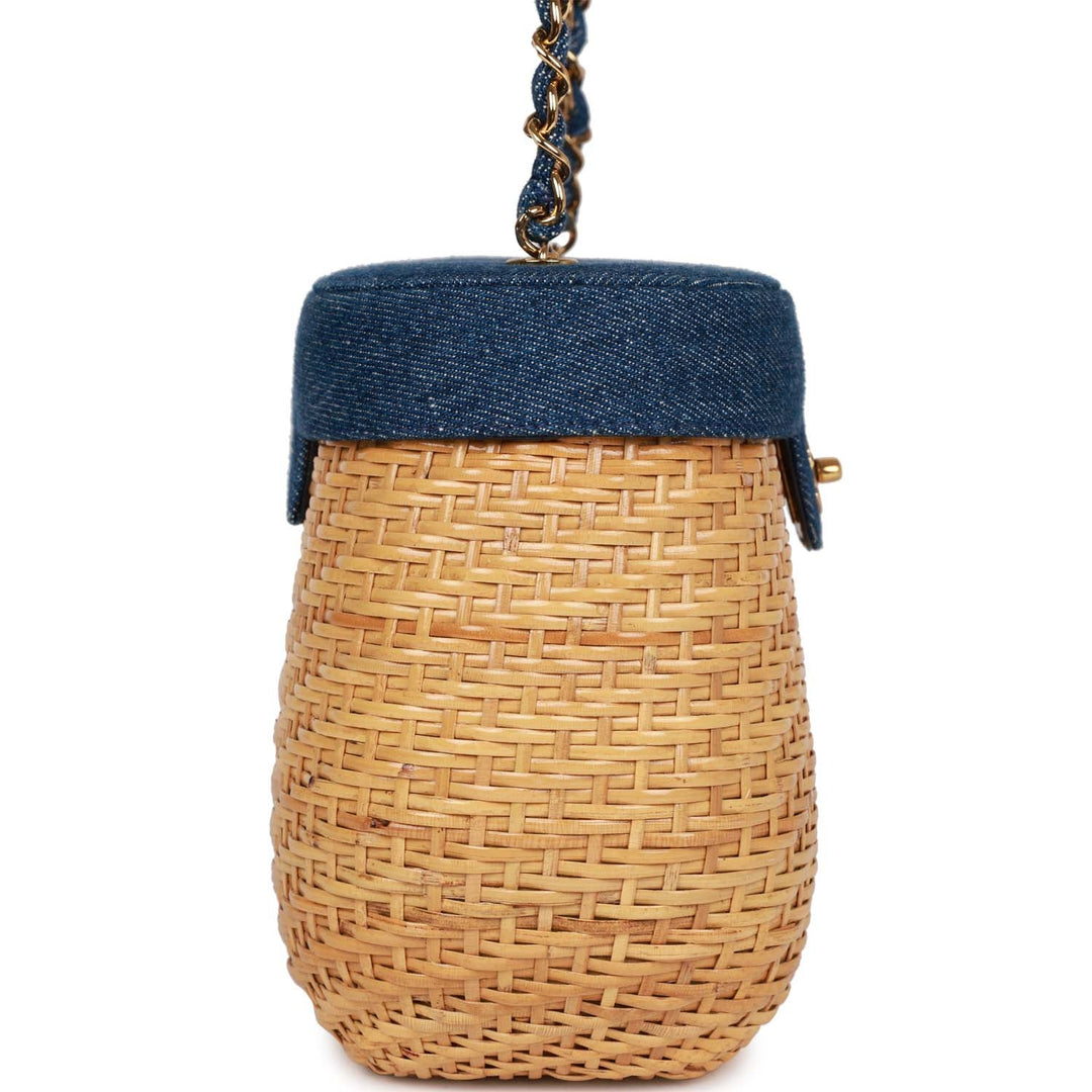 Vintage Top Quality Chanel Basket Bag Denim and Rattan Wicker Gold Hardware
