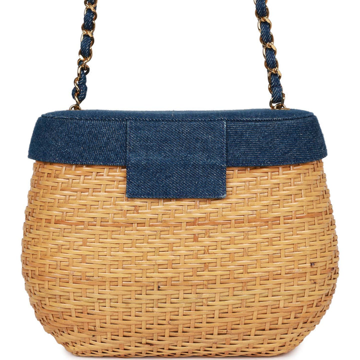 Vintage Top Quality Chanel Basket Bag Denim and Rattan Wicker Gold Hardware
