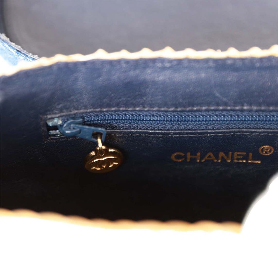 Vintage Top Quality Chanel Basket Bag Denim and Rattan Wicker Gold Hardware