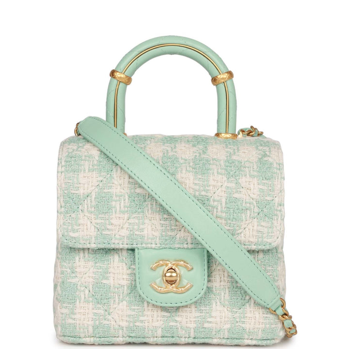 Top Quality Chanel Mini Square Flap with Top Handle Turquoise and Ecru Tweed Antique Gold Hardware