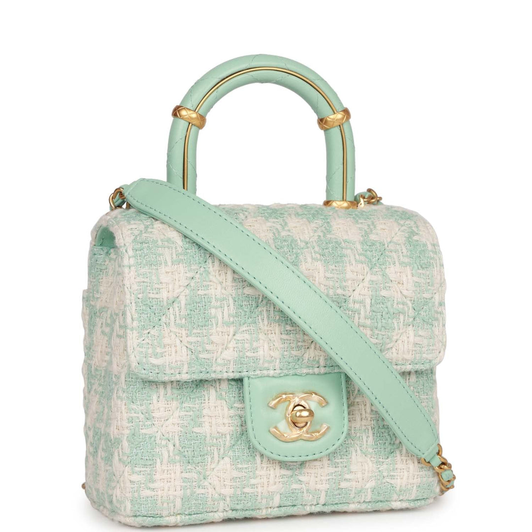 Top Quality Chanel Mini Square Flap with Top Handle Turquoise and Ecru Tweed Antique Gold Hardware