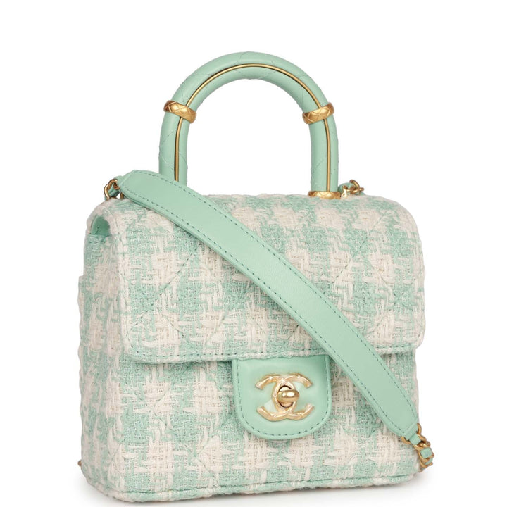 Top Quality Chanel Mini Square Flap with Top Handle Turquoise and Ecru Tweed Antique Gold Hardware