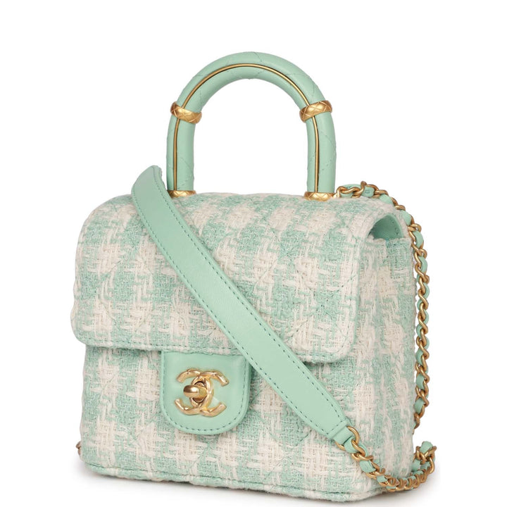 Top Quality Chanel Mini Square Flap with Top Handle Turquoise and Ecru Tweed Antique Gold Hardware